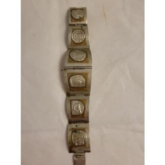 Vintage Taxco Mexico 925 Sterling Silver Aztec Mayan Copper Panel Link Bracelet - Picture 1 of 6